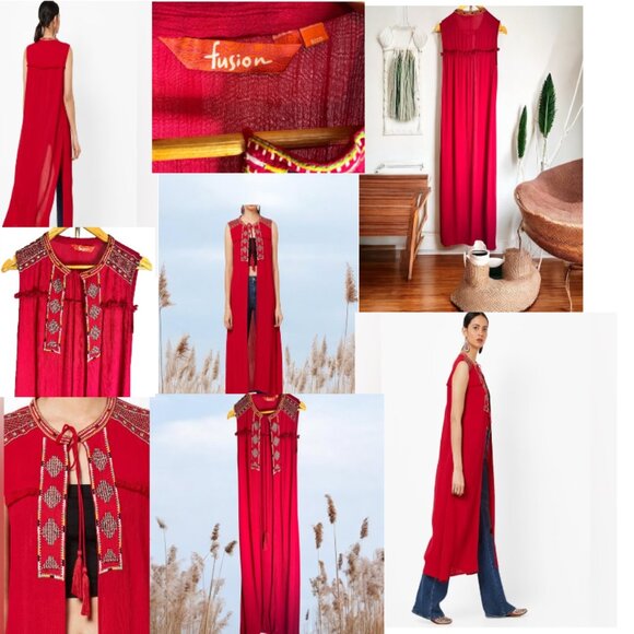Fusion Threads Collective Red Embroidered Hand Beaded Shrug / Kurta Mirror Work - Picture 1 of 16